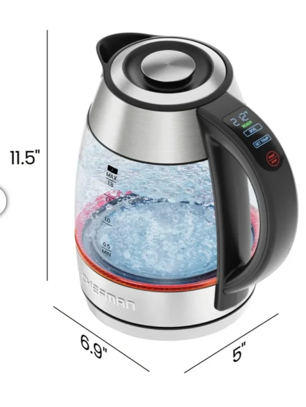 Chefman Lightning 1.8L Custom-Temp Electric Kettle, 1500W with Tea Infuser